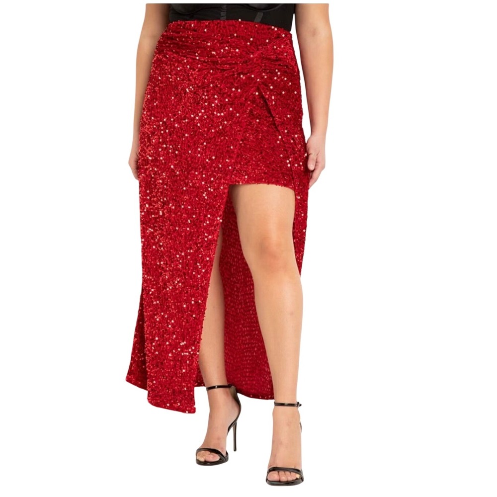 Glam Eloquii Red Sequin Wrap Maxi Skirt High Low Plus Size 14 New With Tags - Picture 2 of 6